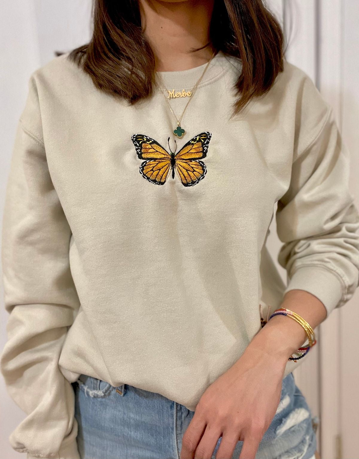 Butterfly embroidery Crew neck